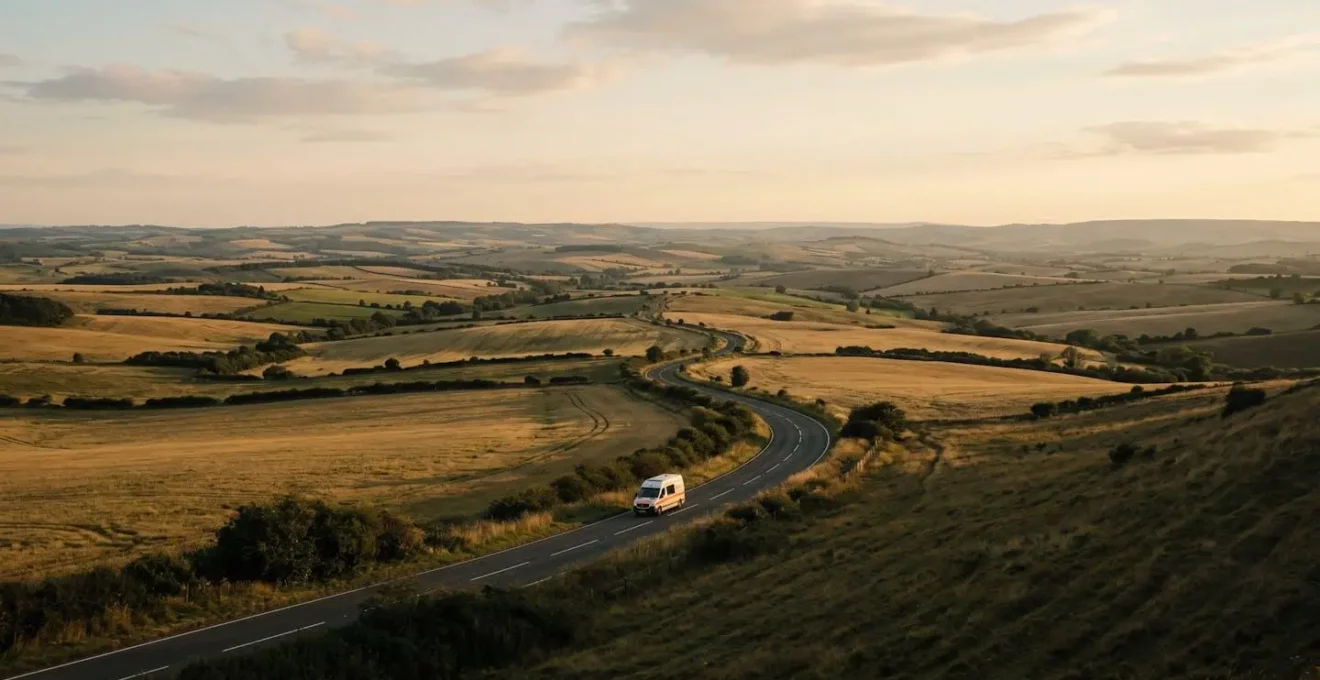 An ambulance navigating a remote country road through rolling hills at dusk, symbolizing the challenges of rural emergency medical response times