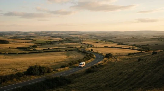 An ambulance navigating a remote country road through rolling hills at dusk, symbolizing the challenges of rural emergency medical response times