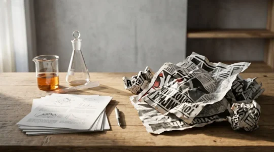 Editorial photograph illustrating critical thinking about health news media