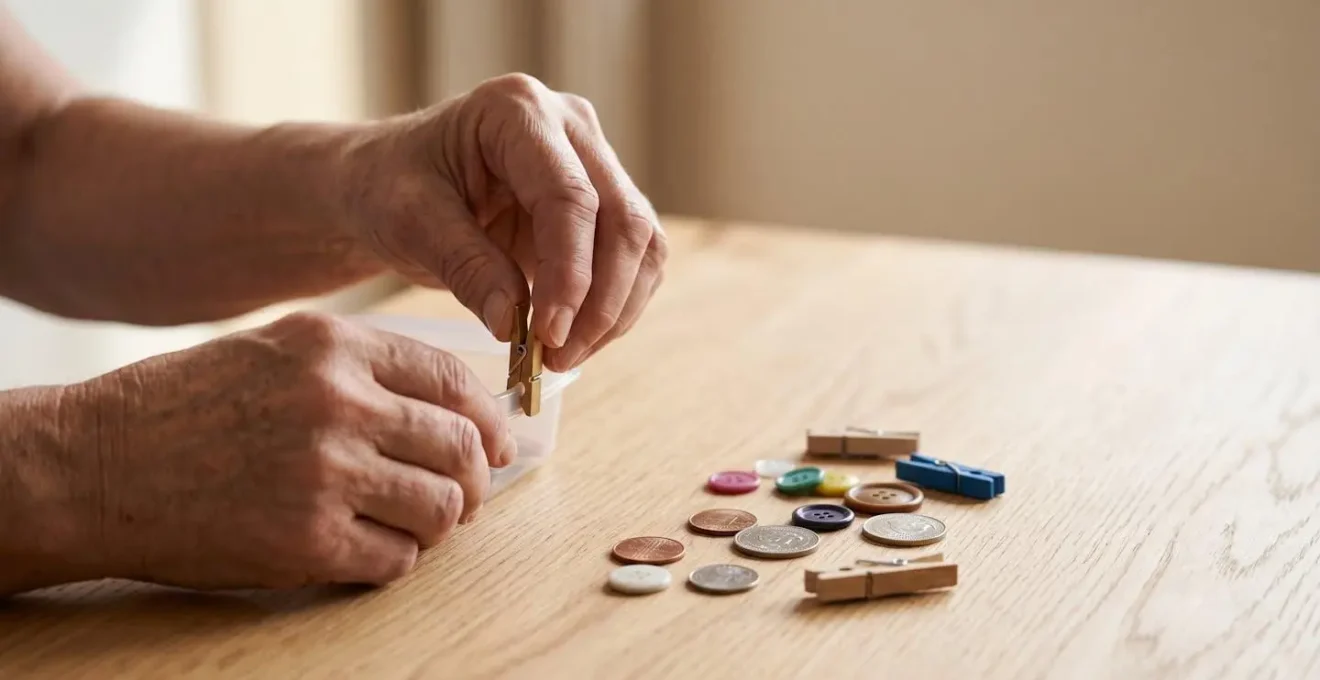 Close-up of hands performing fine motor rehabilitation exercise using everyday household items on a clean wooden surface with natural lighting