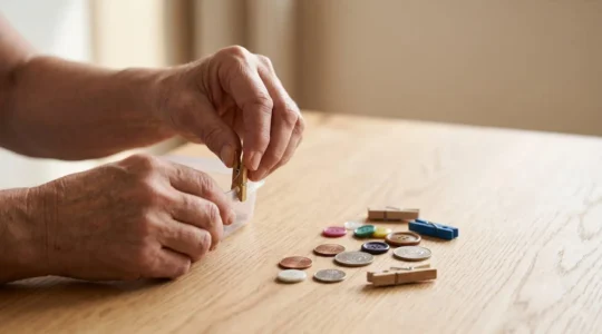 Close-up of hands performing fine motor rehabilitation exercise using everyday household items on a clean wooden surface with natural lighting