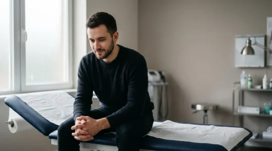 A contemplative moment capturing men's health awareness and medical care decision-making