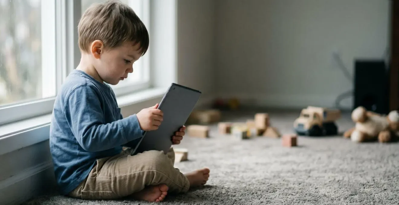 Young child sitting with tablet device in modern home setting, illustrating contemporary screen time concerns