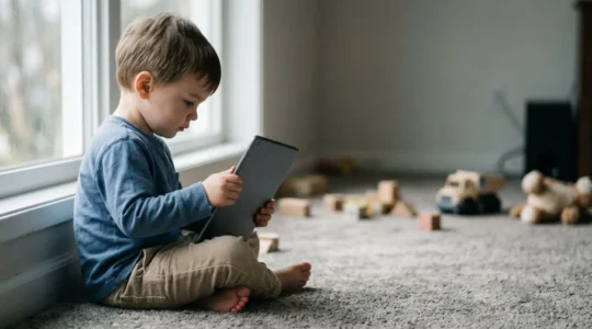 Young child sitting with tablet device in modern home setting, illustrating contemporary screen time concerns