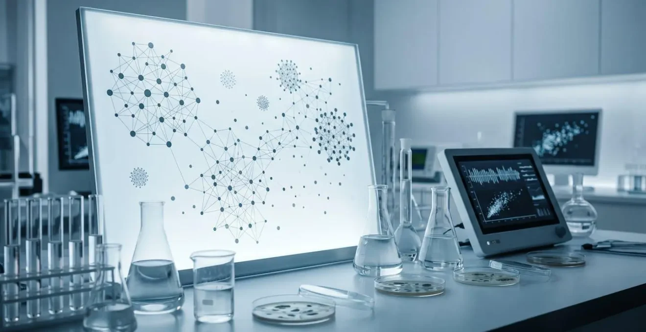 Scientists analyzing influenza surveillance data with epidemiological modeling equipment in a modern public health laboratory