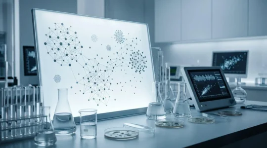 Scientists analyzing influenza surveillance data with epidemiological modeling equipment in a modern public health laboratory