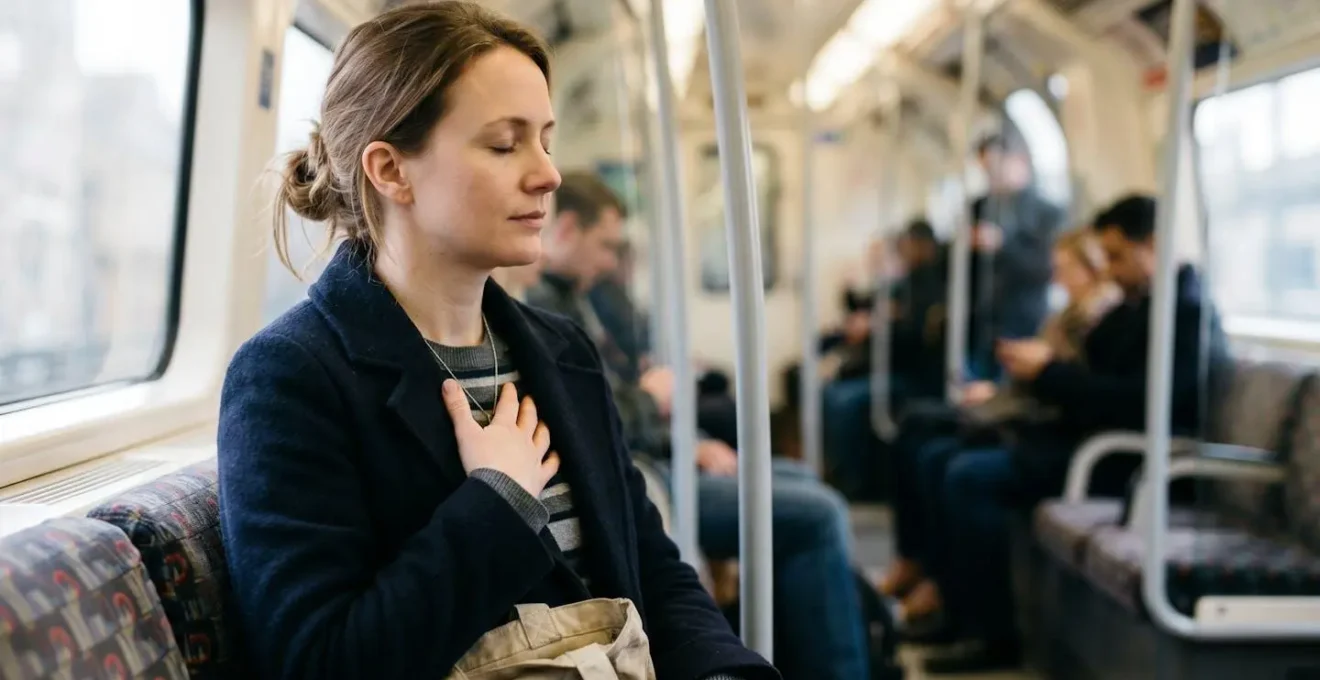 Commuter practicing calming breathwork technique during underground train journey