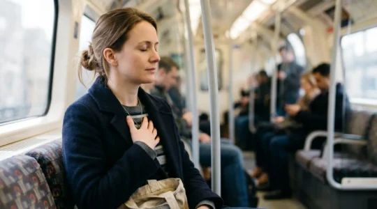 Commuter practicing calming breathwork technique during underground train journey