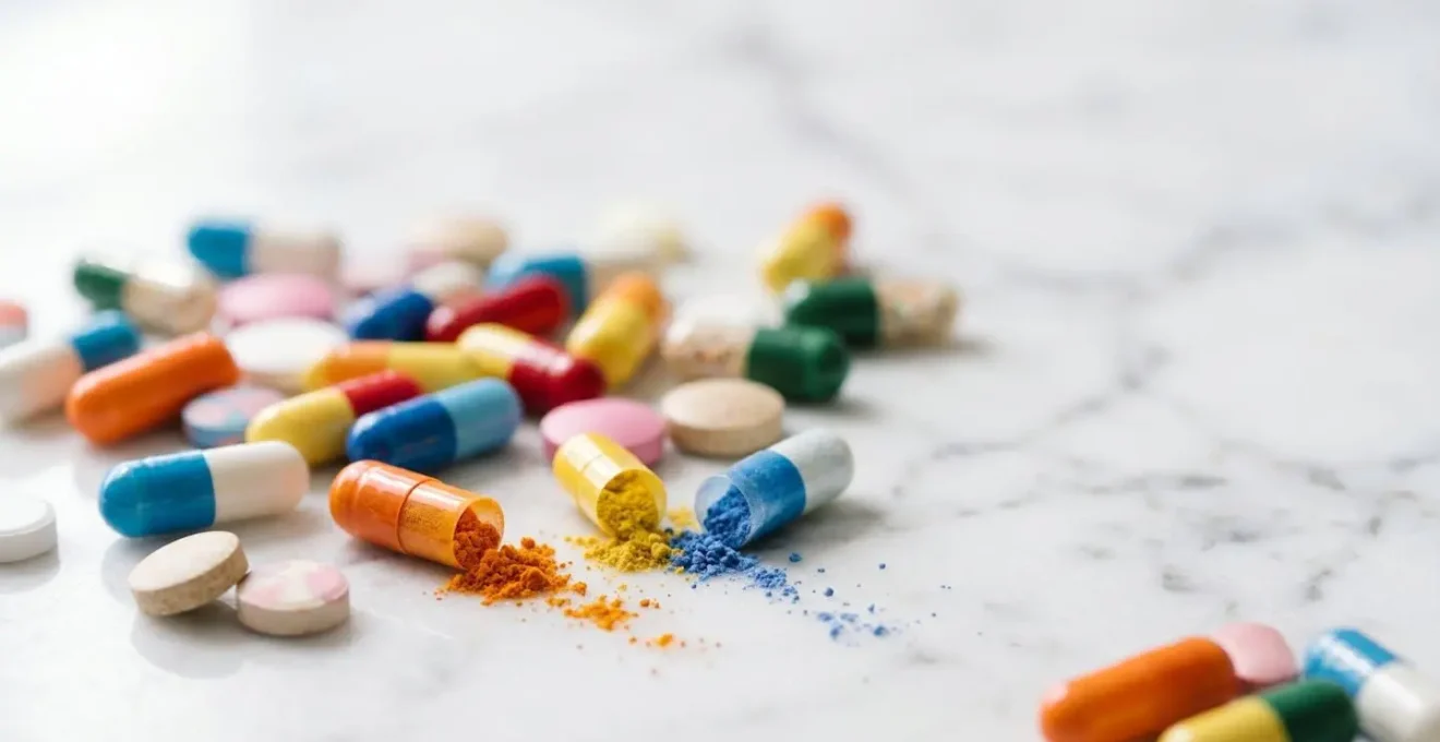 Scattered vitamin supplement pills and capsules on clean surface highlighting toxicity concern