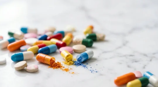 Scattered vitamin supplement pills and capsules on clean surface highlighting toxicity concern