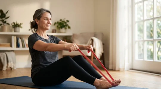 A person preparing for surgery through prehabilitation exercises in a calm home environment